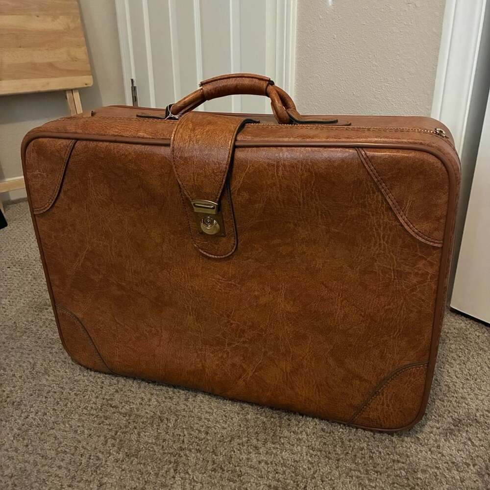 Vintage Faux Leather Brown Suitcase Luggage Carry-On
